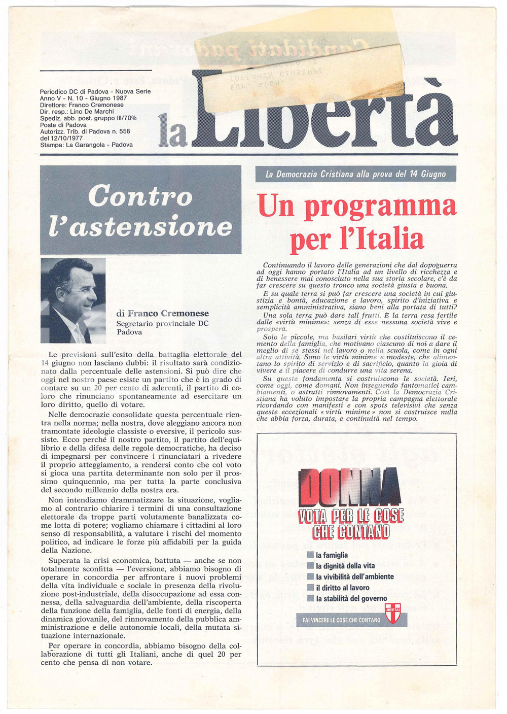Materiale pubblicitario d’epoca 1987 PADOVA LA LIBERTA   Programma per l Italia Periodico DEMOCRAZIA CRISTIANA 1
