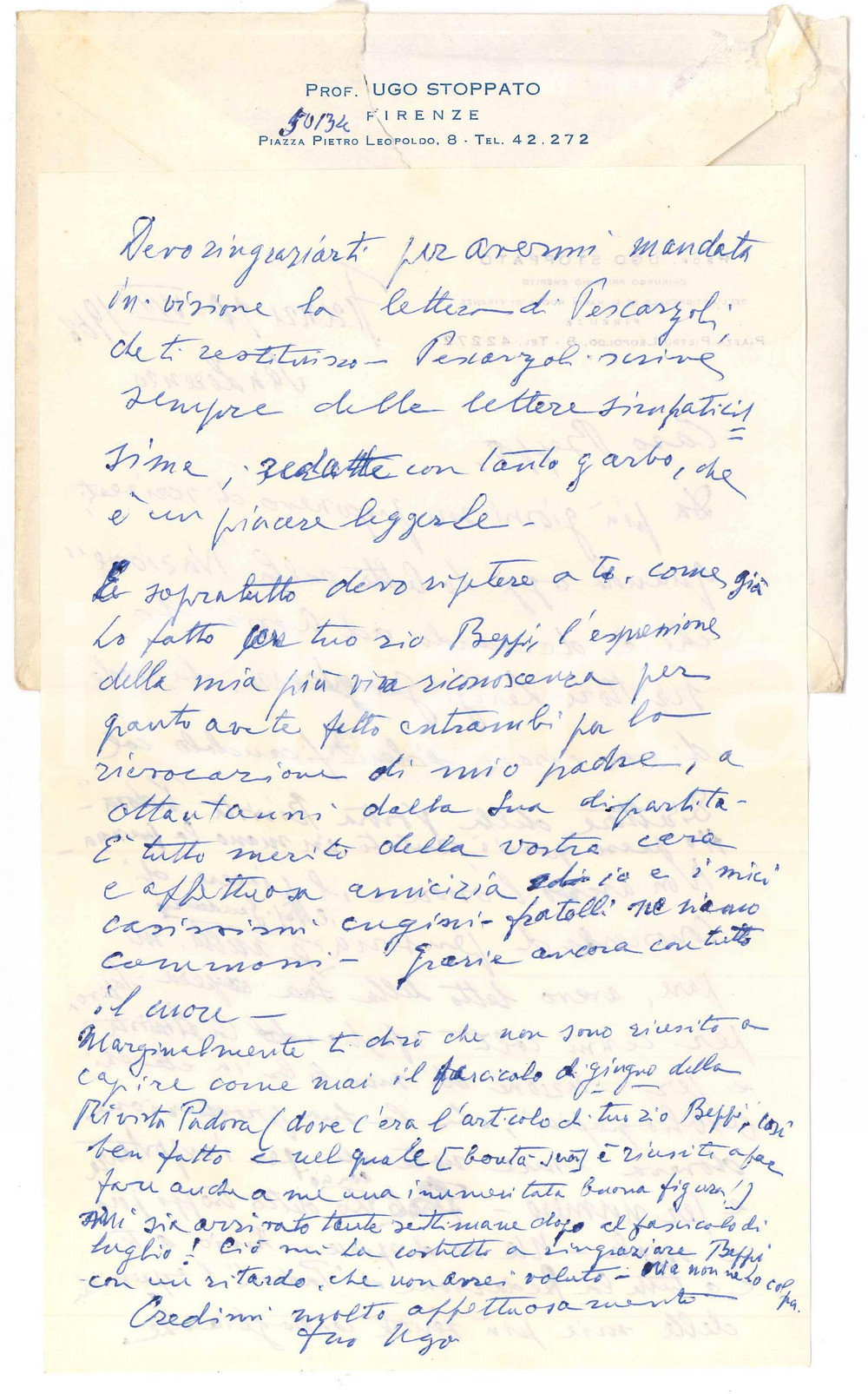 1968 FIRENZE Lettera prof. Ugo STOPPATO in morte di Luigi GAUDENZIO ^AUTOGRAFO