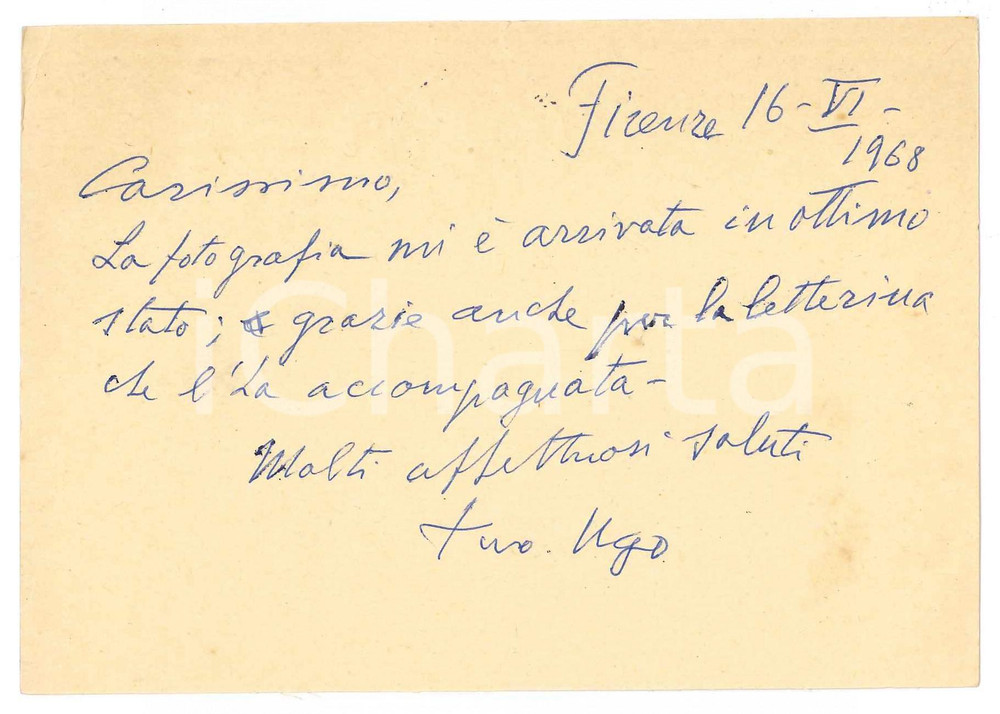 Autografo originale 1968 FIRENZE Prof. Ugo STOPPATO  Cartolina per ringraziamento AUTOGRAFO 1