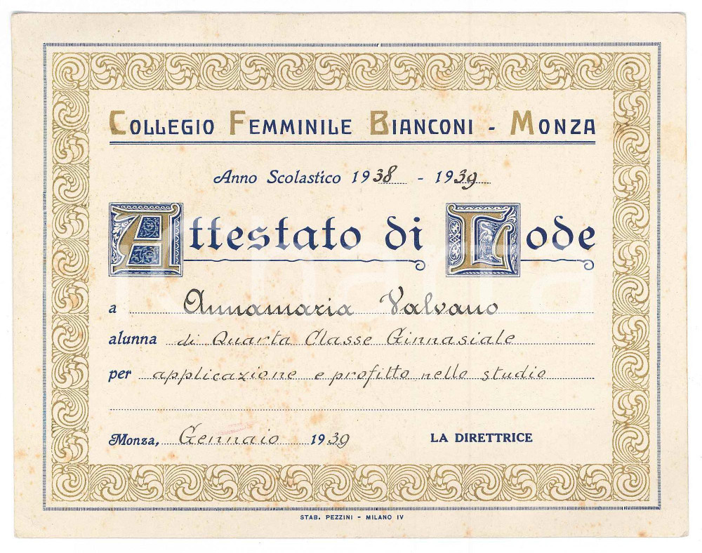 1939 MONZA Collegio Femminile BIANCONI - Attestato lode Annamaria VALVANO