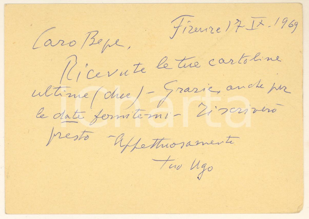 Autografo originale 1969 FIRENZE Prof. Ugo STOPPATO  Cartolina postale AUTOGRAFO 1