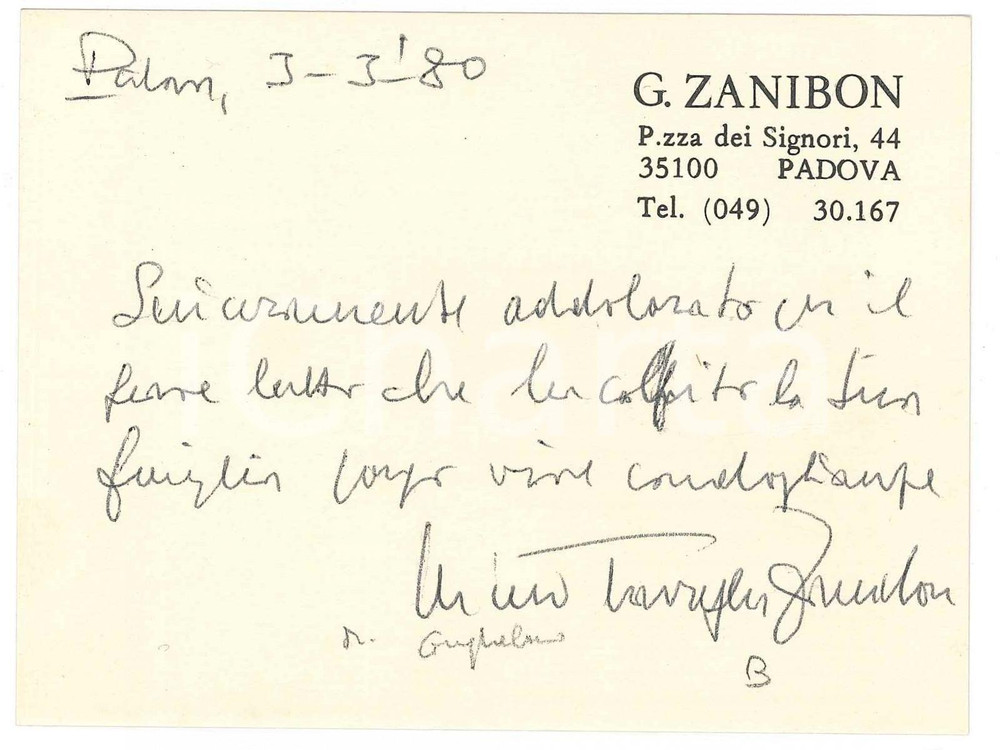 Autografo originale 1980 PADOVA Mino TRAVAGLIA ZANOBON editore musicale  Biglietto AUTOGRAFO 1