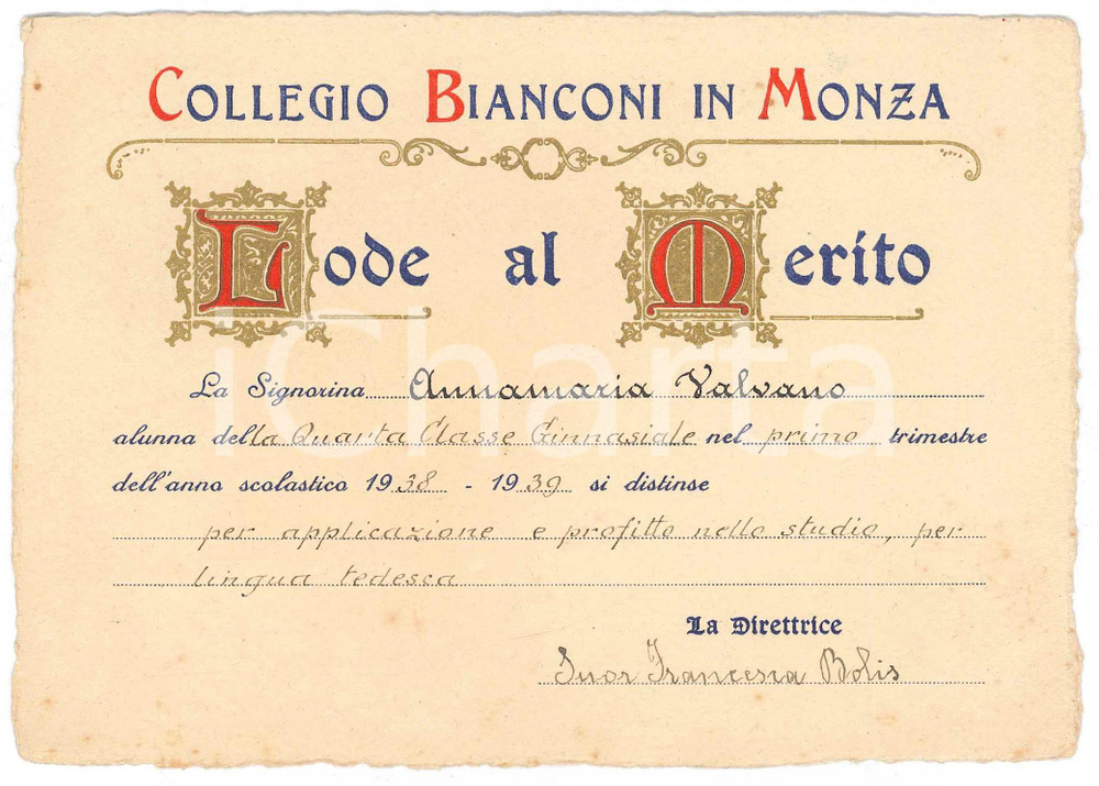 Documento originale, autentico 1939 MONZA Collegio Femminile BIANCONI  Attestato merito Annamaria VALVANO 1