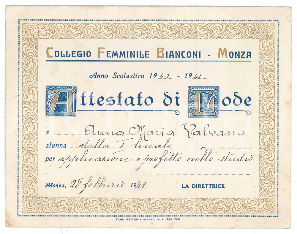 1941 MONZA Collegio Femminile BIANCONI - Attestato lode Annamaria VALVANO