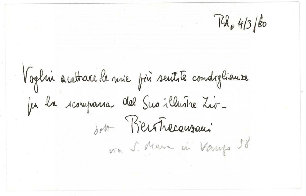 Autografo originale 1980 PADOVA Prof. Piero FRACANZANI  Biglietto AUTOGRAFO condoglianze 1