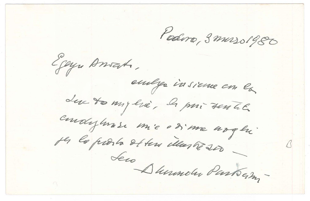 Autografo originale 1980 PADOVA Alessandro PROSDOCIMI  Biglietto AUTOGRAFO 1