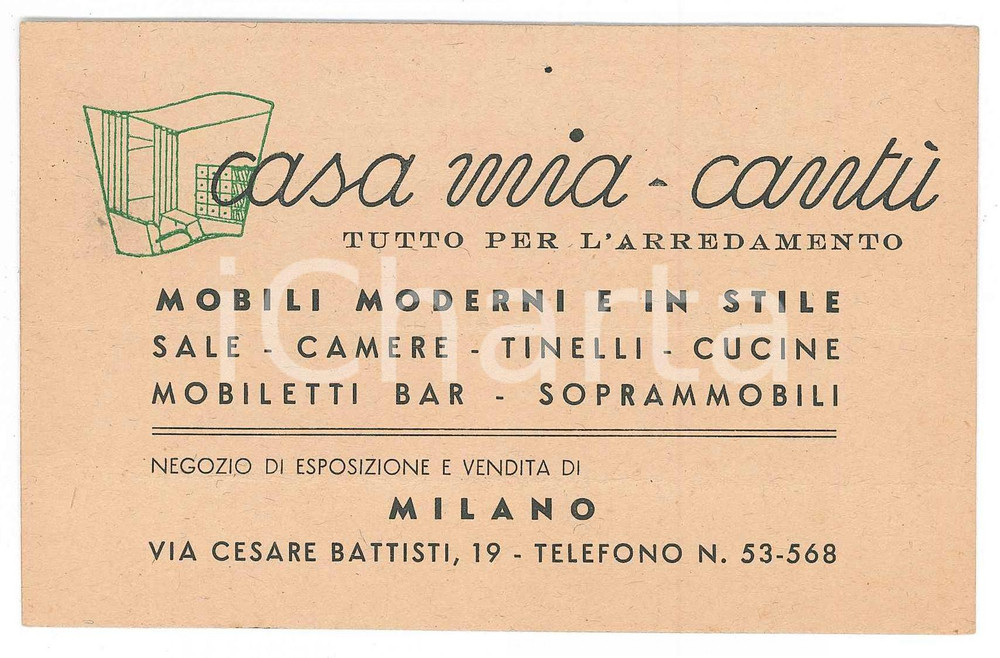 Oggetto da collezione cartaceo 1930 ca MILANO Via Cesare Battisti CASA MIA CANTÃ™ Arredamento  Biglietto 13x8cm 1