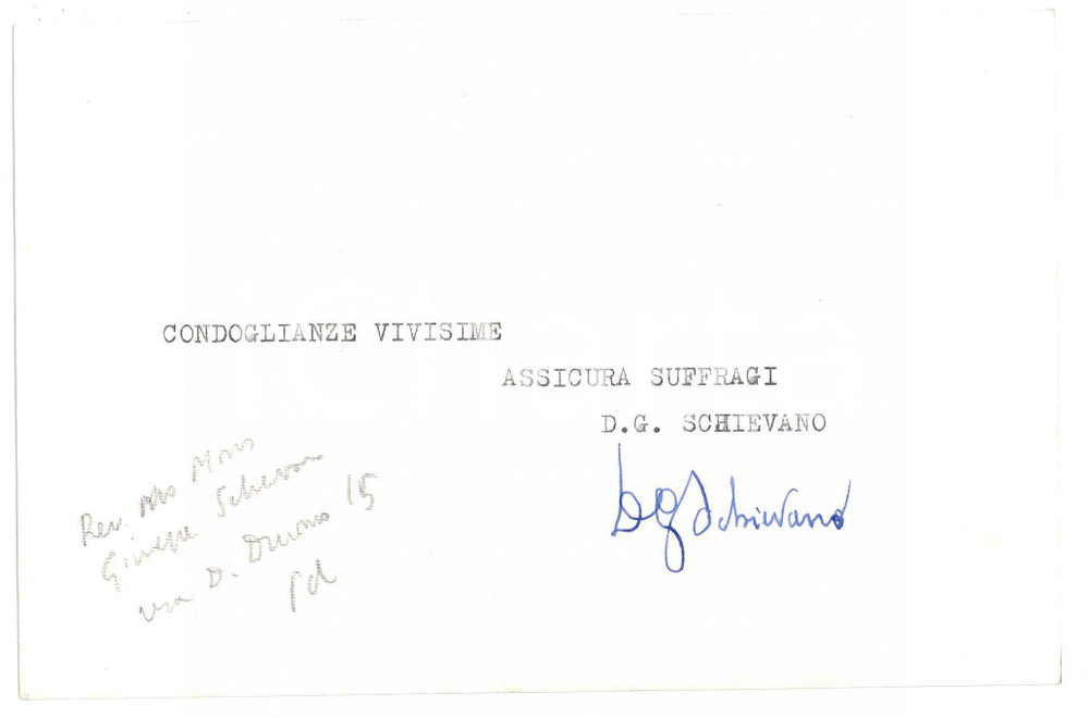 Autografo originale 1980 PADOVA Don Giuseppe SCHIEVANO per condoglianze  Biglietto AUTOGRAFO 1