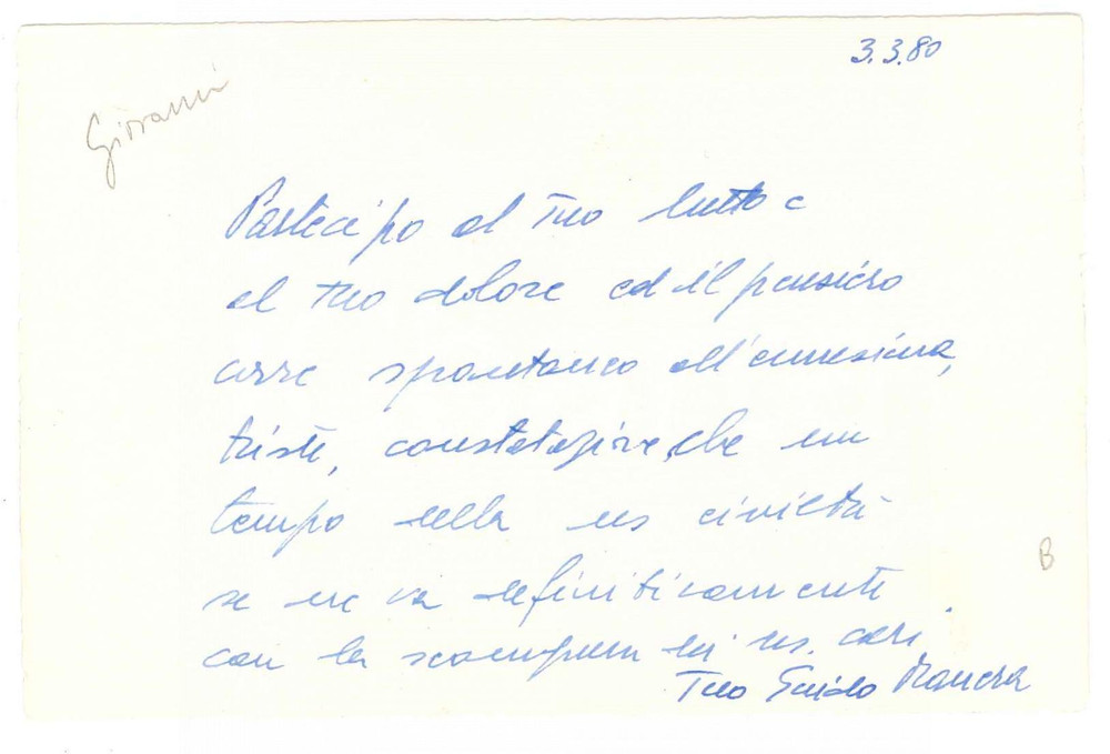 Autografo originale 1980 PADOVA Avv. Giovanni Guido MANERA  Biglietto AUTOGRAFO condoglianze 1