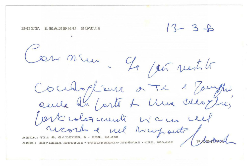 Autografo originale 1980 PADOVA Leandro SOTTI  Biglietto per condoglianze  Autografo 1