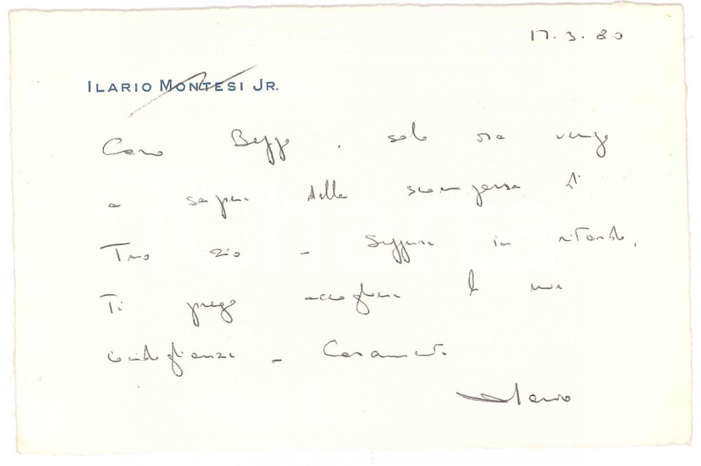 1980 PADOVA Biglietto Ilario MONTESI jr per condoglianze - Autografo