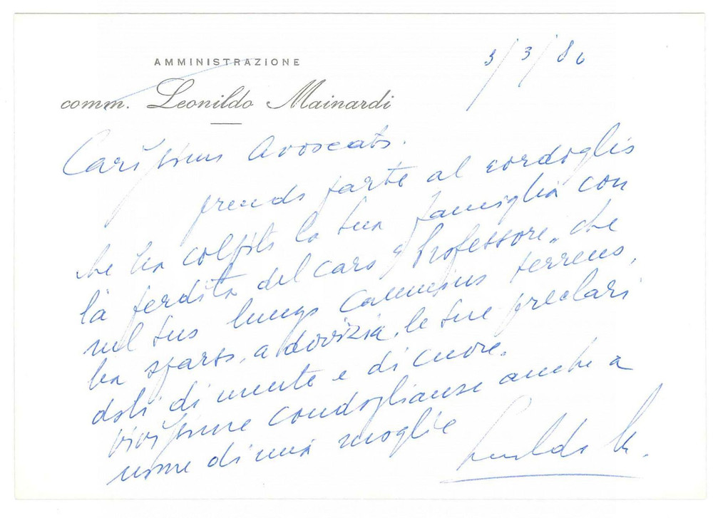 Autografo originale 1980 PADOVA Biglietto comm. Leonildo MAINARDI per condoglianze AUTOGRAFO 1