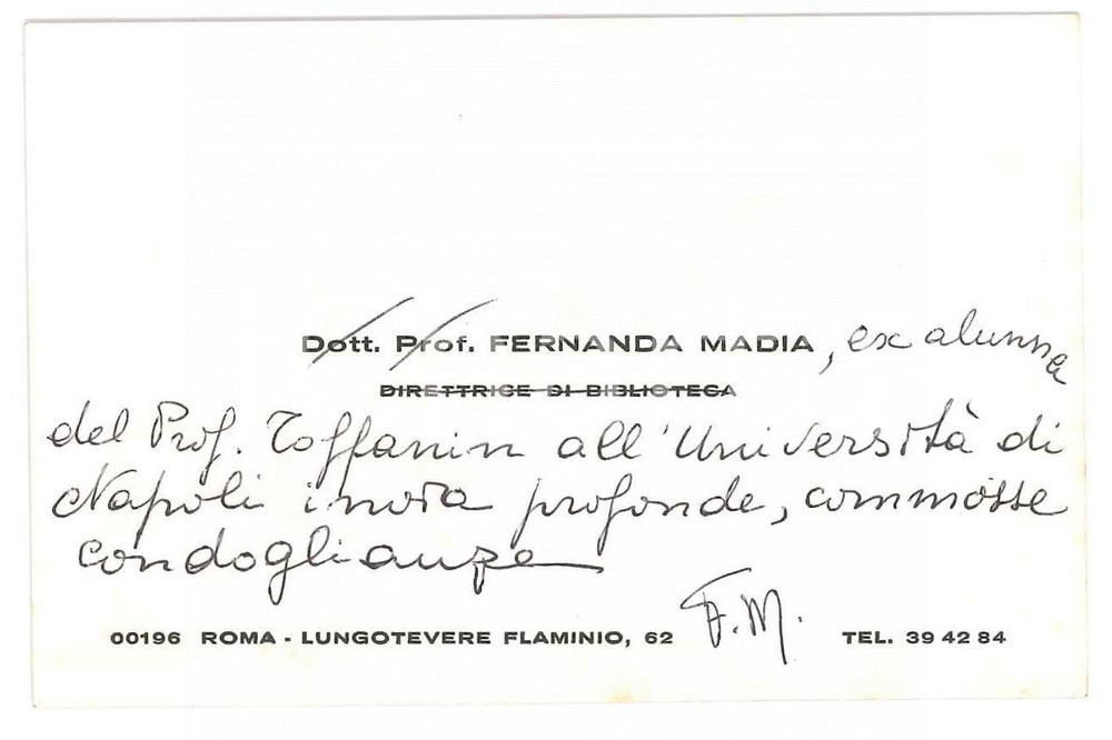 Autografo originale 1975 ca ROMA Fernanda MADIA direttrice biblioteca  Biglietto autografo 1