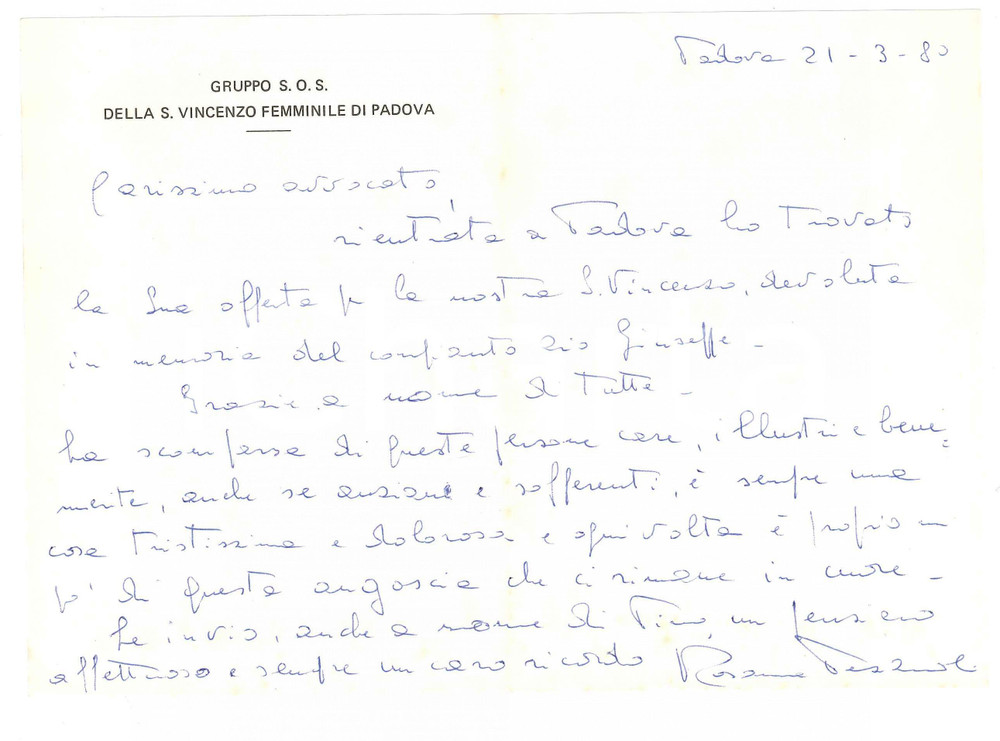 1980 PADOVA Lettera Rosanna PEZZUOLI - Gruppo S.O.S. S. Vincenzo - Autografo