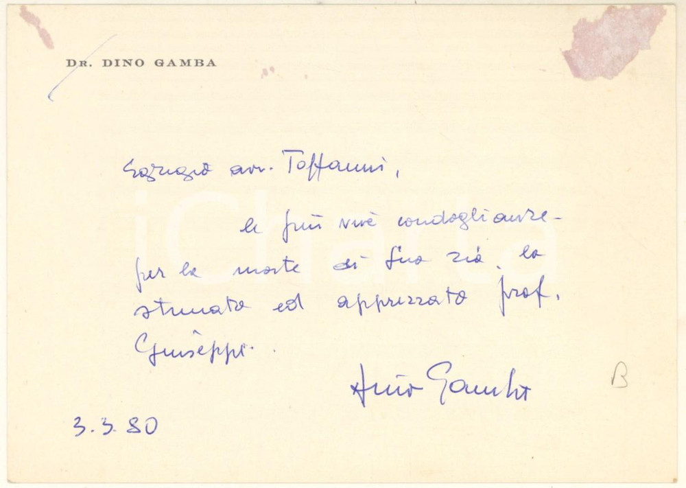 Autografo originale 1980 PADOVA Biglietto Dino GAMBA per condoglianze AUTOGRAFO 1