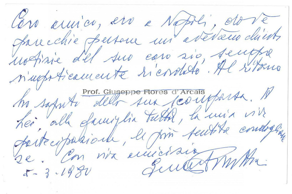 Autografo originale 1980 PADOVA Prof. Giuseppe FLORES D ARCAIS  Biglietto da visita AUTOGRAFO 1