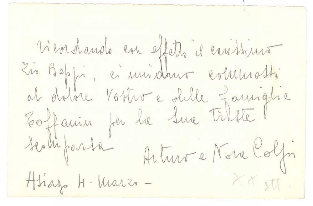 Autografo originale 1980 ca ASIAGO Arturo e Nora COLPI  Biglietto AUTOGRAFO condoglianze 1