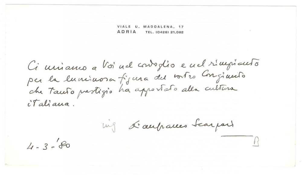 Autografo originale 1980 ADRIA RO Ing. Gianfranco SCARPARI  Biglietto per condoglianze Autografo 1