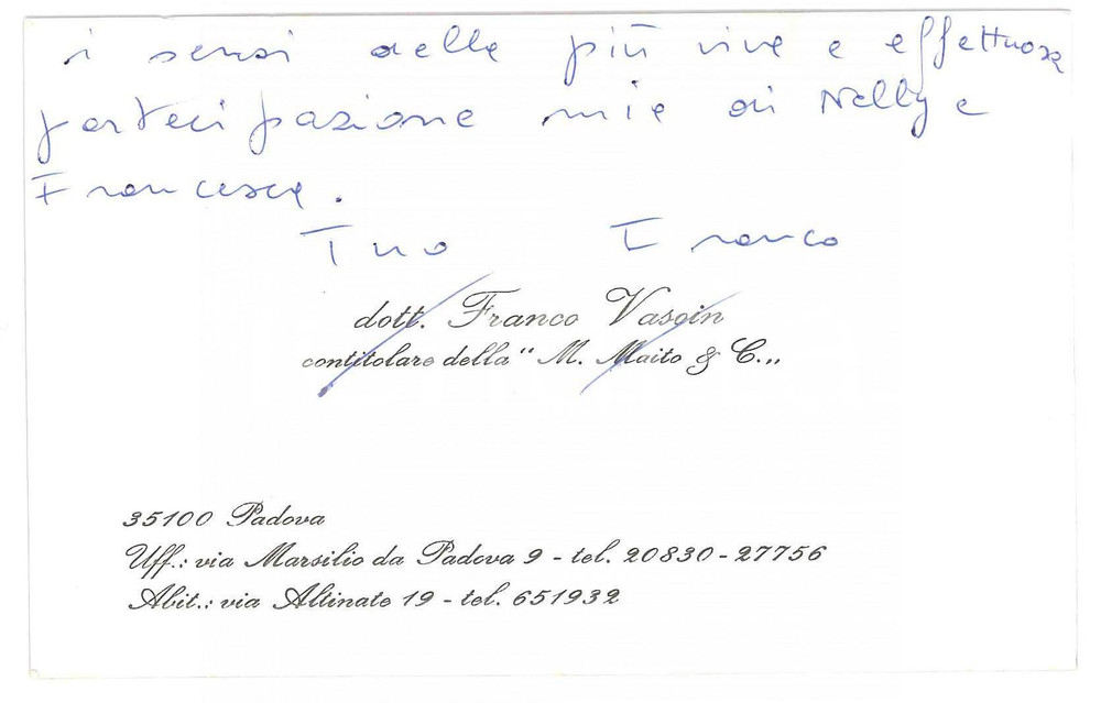 Autografo originale 1978 PADOVA Franco VASOIN M. Maito & C. Biglietto AUTOGRAFO condoglianze 1