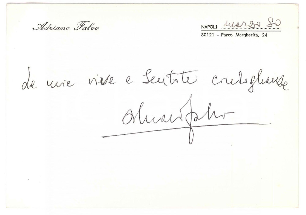 Autografo originale 1980 NAPOLI Giornalista Adriano FALVO  Biglietto per condoglianze Autografo 1