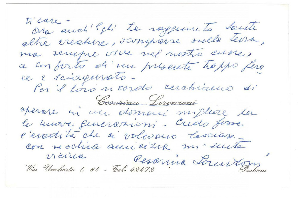 Autografo originale 1980 PADOVA Cesarina LORENZONI  Biglietto da visita AUTOGRAFO 1