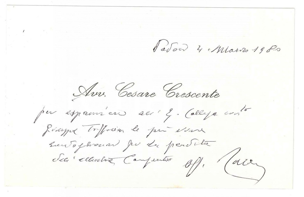 Autografo originale 1980 PADOVA Biglietto Cesare CRESCENTE  Condoglianze AUTOGRAFO 1