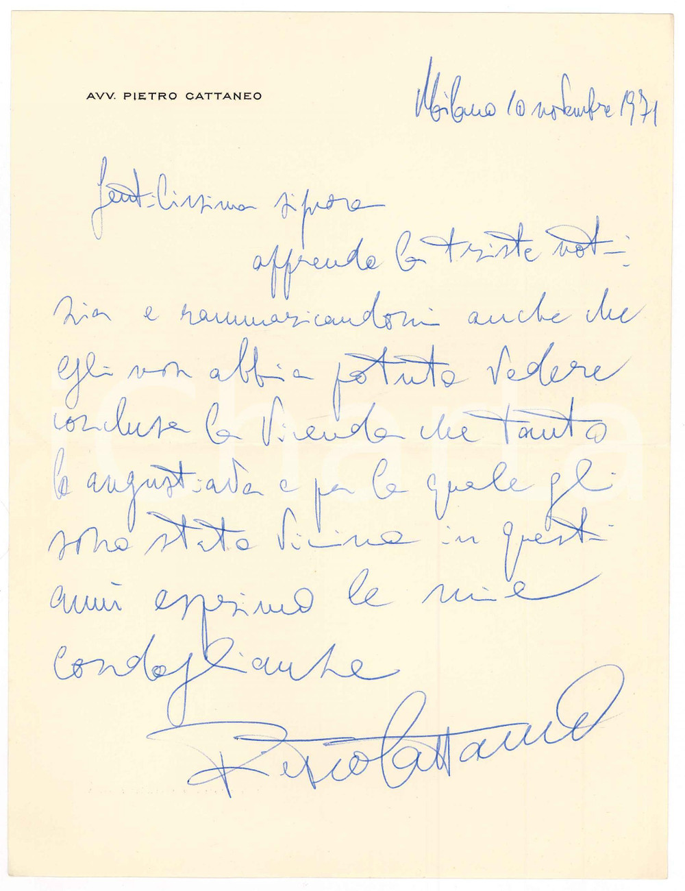 1971 MILANO Lettera Pietro CATTANEO avvocato - Condoglianze *Autografo