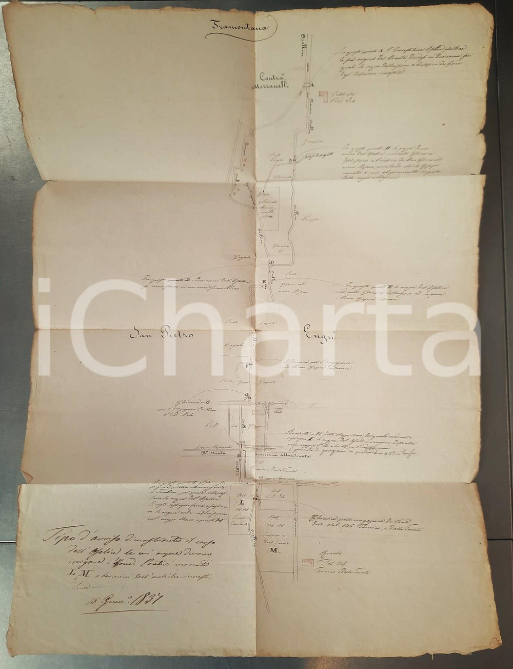 Mappa, planimetria storica 1837 SAN PIETRO IN GU PD Mappa canale OSELLINO e fondi Disegnata a mano 1