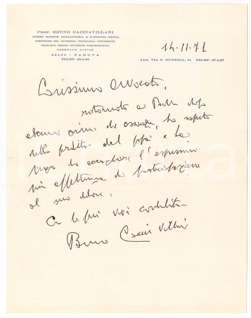 Autografo originale 1971 PADOVA Lettera Bruno CACCIAVILLANI per condoglianze Autografo 1