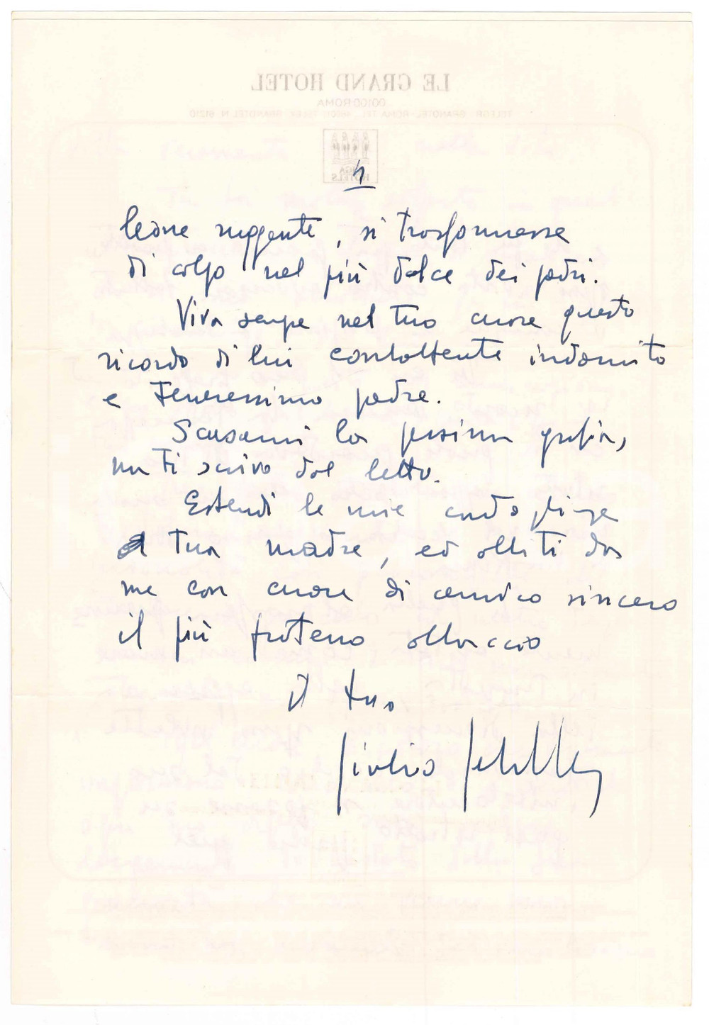 1971 ROMA Le Grand Hotel - Lettera avv. Giulio SCHILLER condoglianze *Autografo