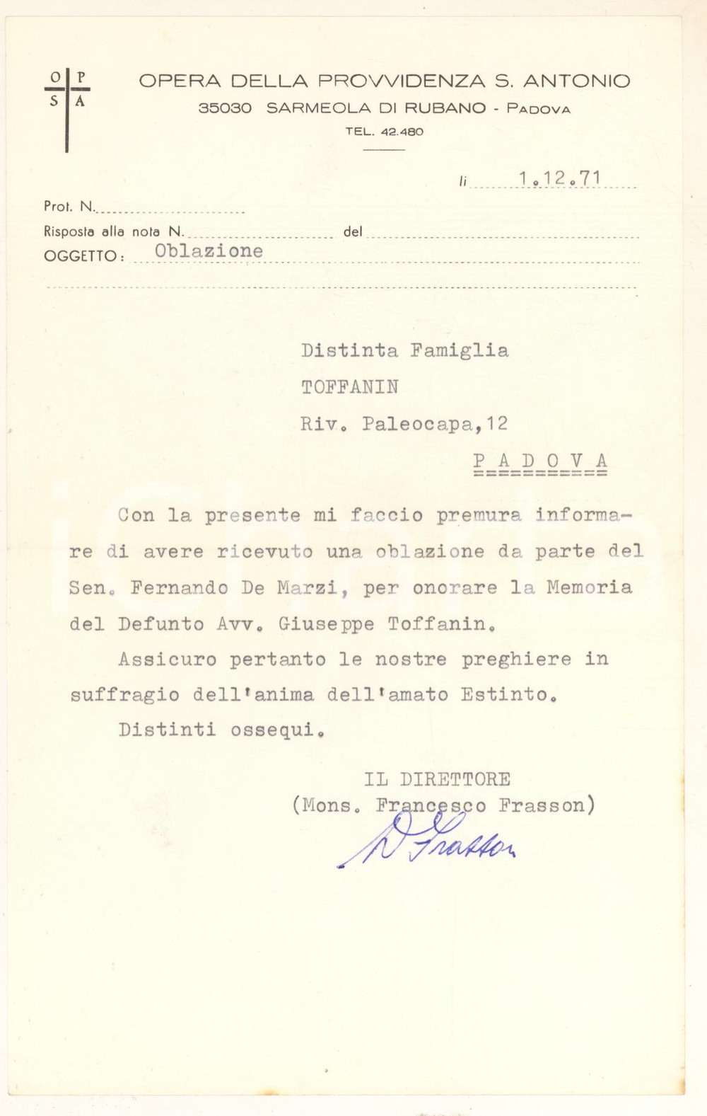 Autografo originale 1971 SARMEOLA DI RUBANO PD Lettera mons. Francesco FRASSON  Autografo 1
