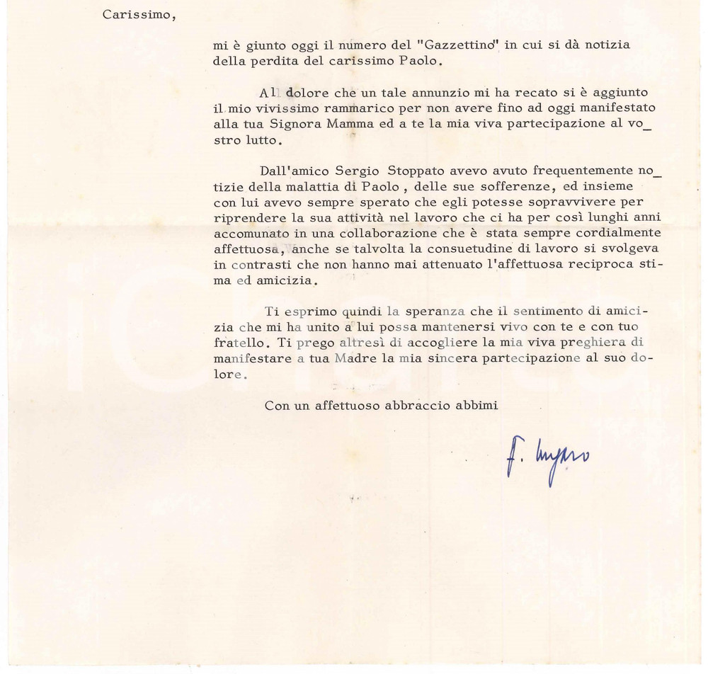 Autografo originale 1971 ROMA Lettera avv. Filippo UNGARO per condoglianze Autografo 1