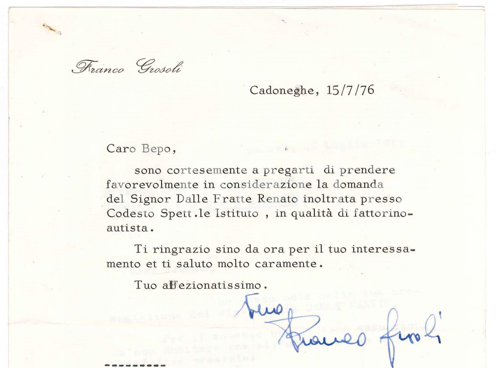 Autografo originale 1976 CADONEGHE Lettera Franco GROSOLI per raccomandazione  Autografo 1