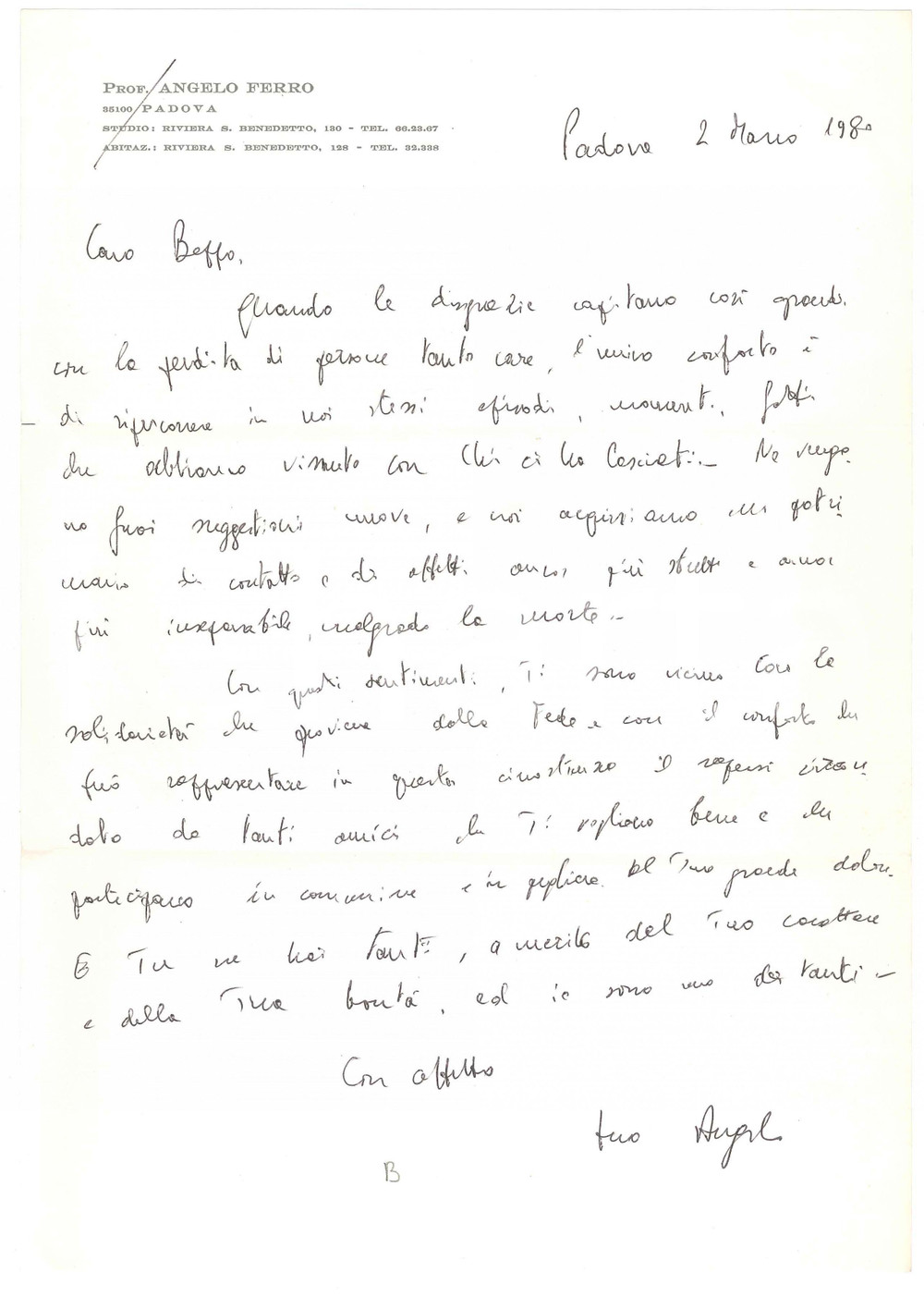 Autografo originale 1980 PADOVA Prof. Angelo FERRO  Lettera di condoglianze  AUTOGRAFO 1