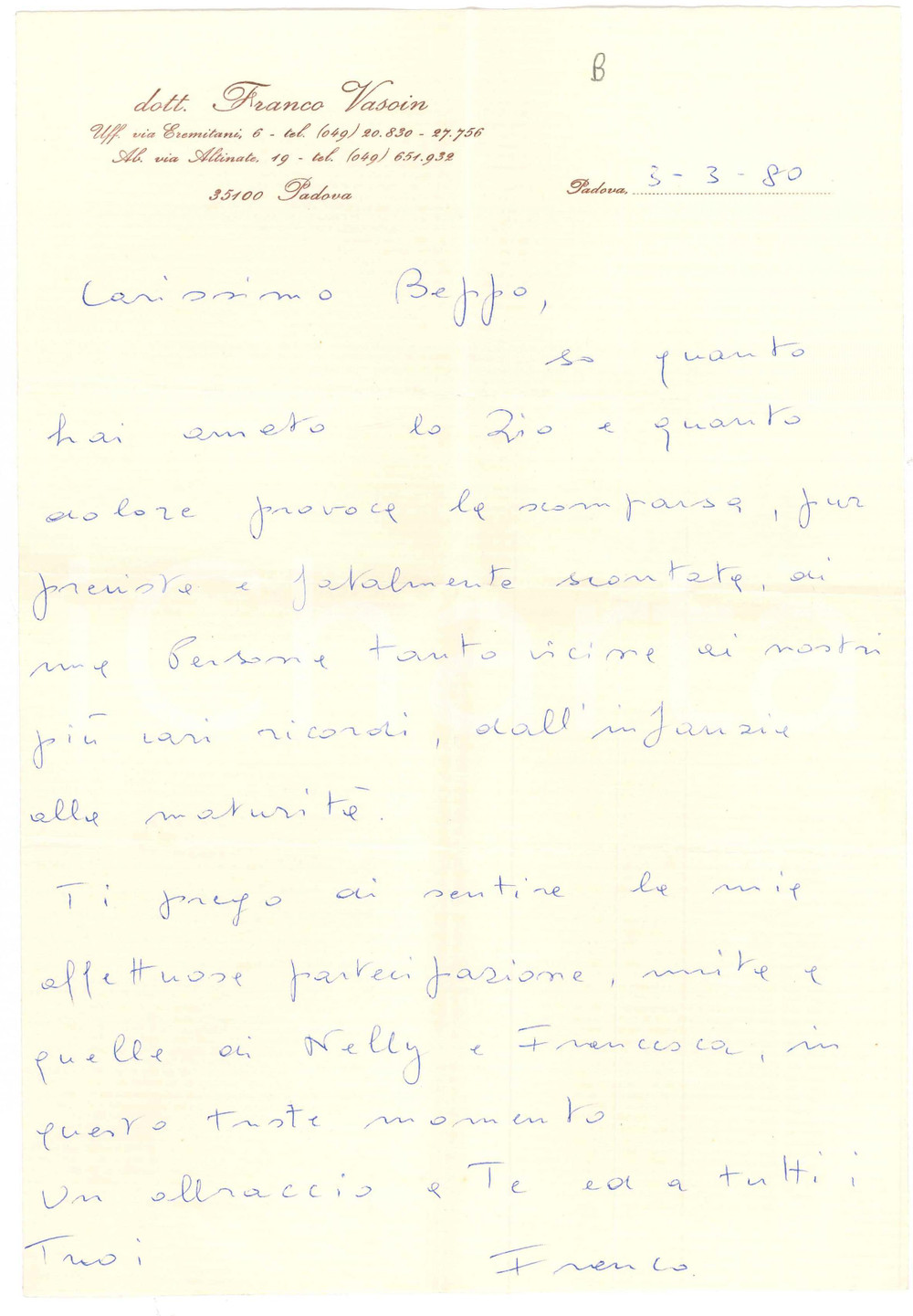 Autografo originale 1980 PADOVA Lettera dott. Franco VASOIN per condoglianze Autografo 1