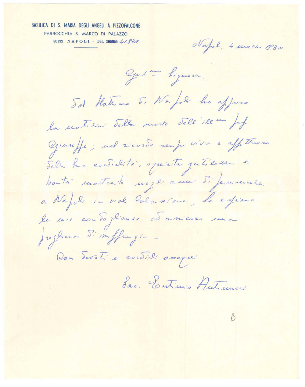 Autografo originale 1980 NAPOLI Lettera don Eutimio ANTINUCCI per condoglianze  AUTOGRAFO 1