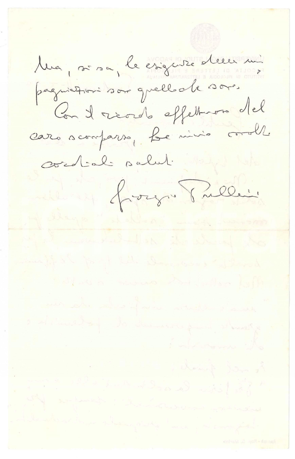 Autografo originale 1980 UniversitÃ  di PADOVA  Lettera Giorgio PULLINI condoglianze AUTOGRAFO 1