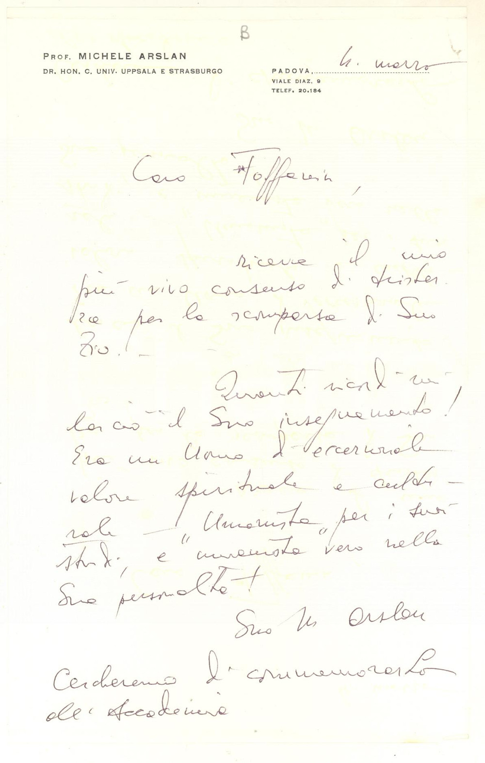 Autografo originale 1980 PADOVA Policlinico  Lettera Michele ARSLAN per condoglianze  AUTOGRAFO 1