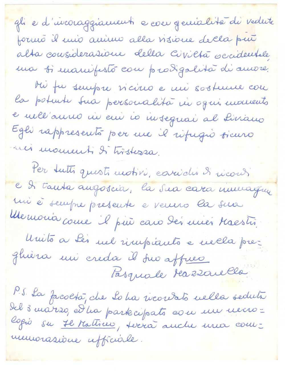 1980 Università NAPOLI Lettera Pasquale MAZZARELLA per condoglianze *Autografo