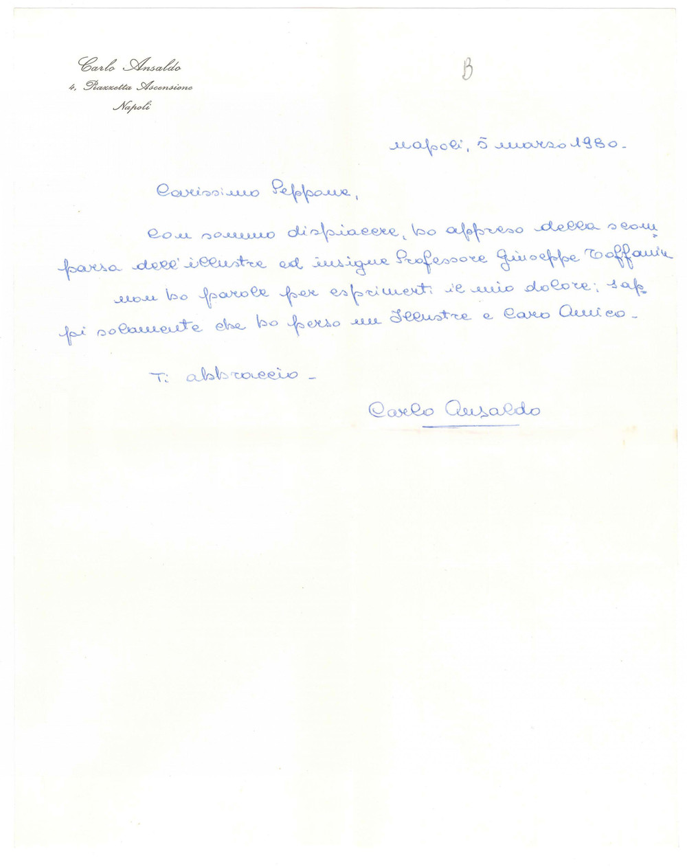 1980 NAPOLI Lettera Carlo ANSALDO per condoglianze *Autografo