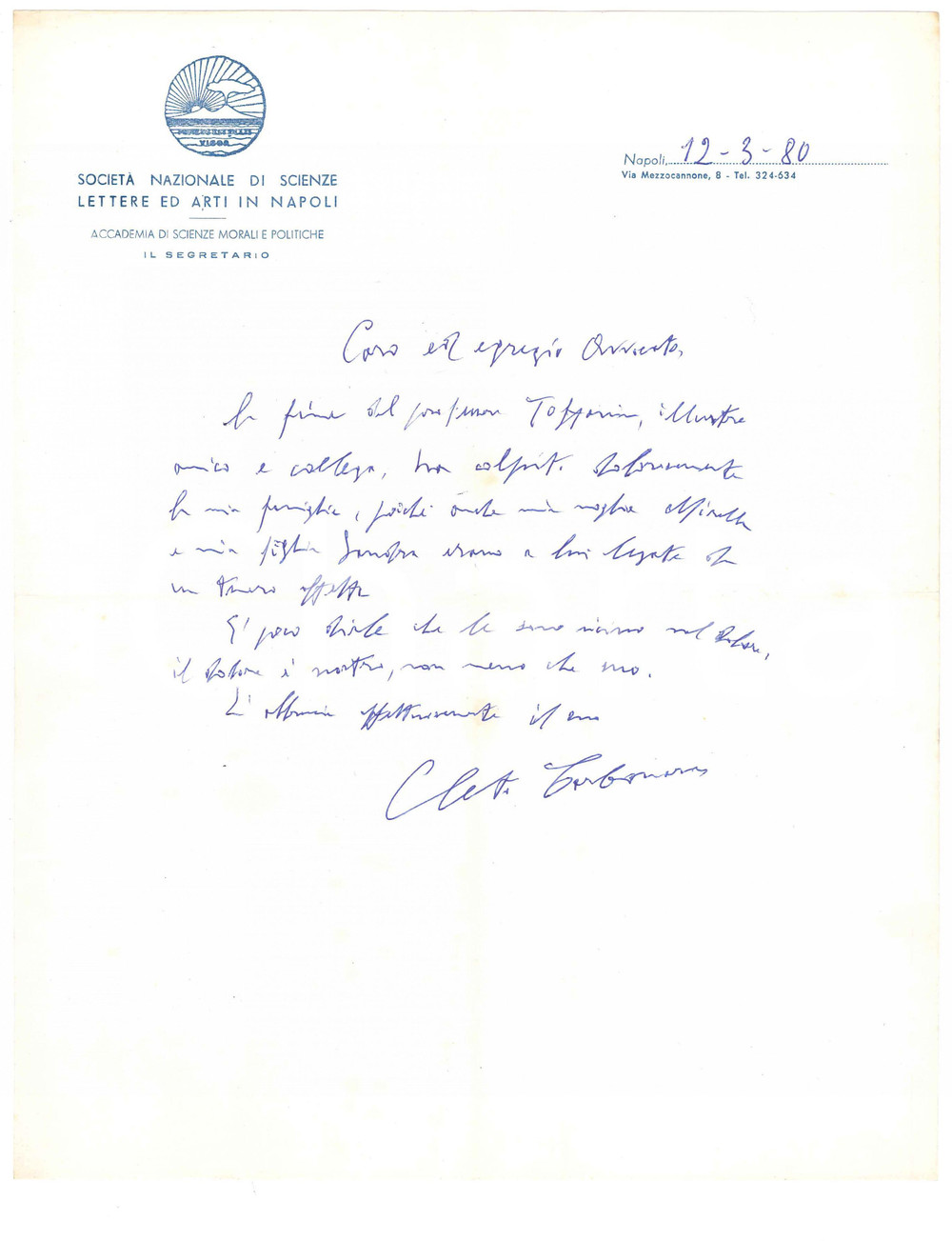 Autografo originale 1980 UNIVERSITA  DI NAPOLI Lettera Cleto CARBONARA per condoglianze Autografo 1