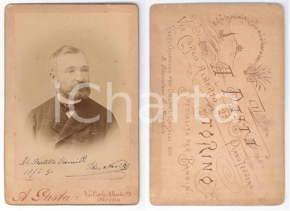 Fotografia d epoca originale 1891 TORINO Ritratto maschile  Busto Foto Alessandro PASTA 11x16 cm 1