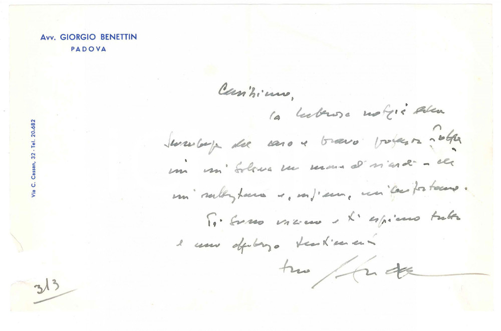 Autografo originale 1971 PADOVA Lettera avv. Giorgio BENETTIN per condoglianze Autografo 1