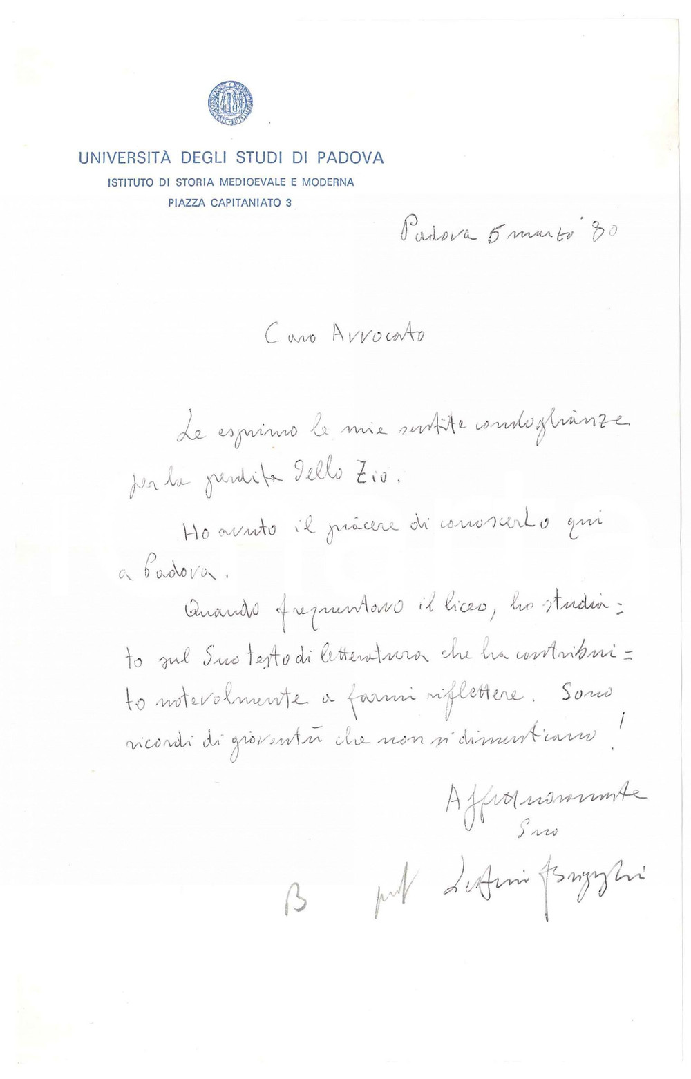 1980 UNIVERSITA' DI PADOVA Lettera prof. Letterio BRIGUGLIO *Autografo
