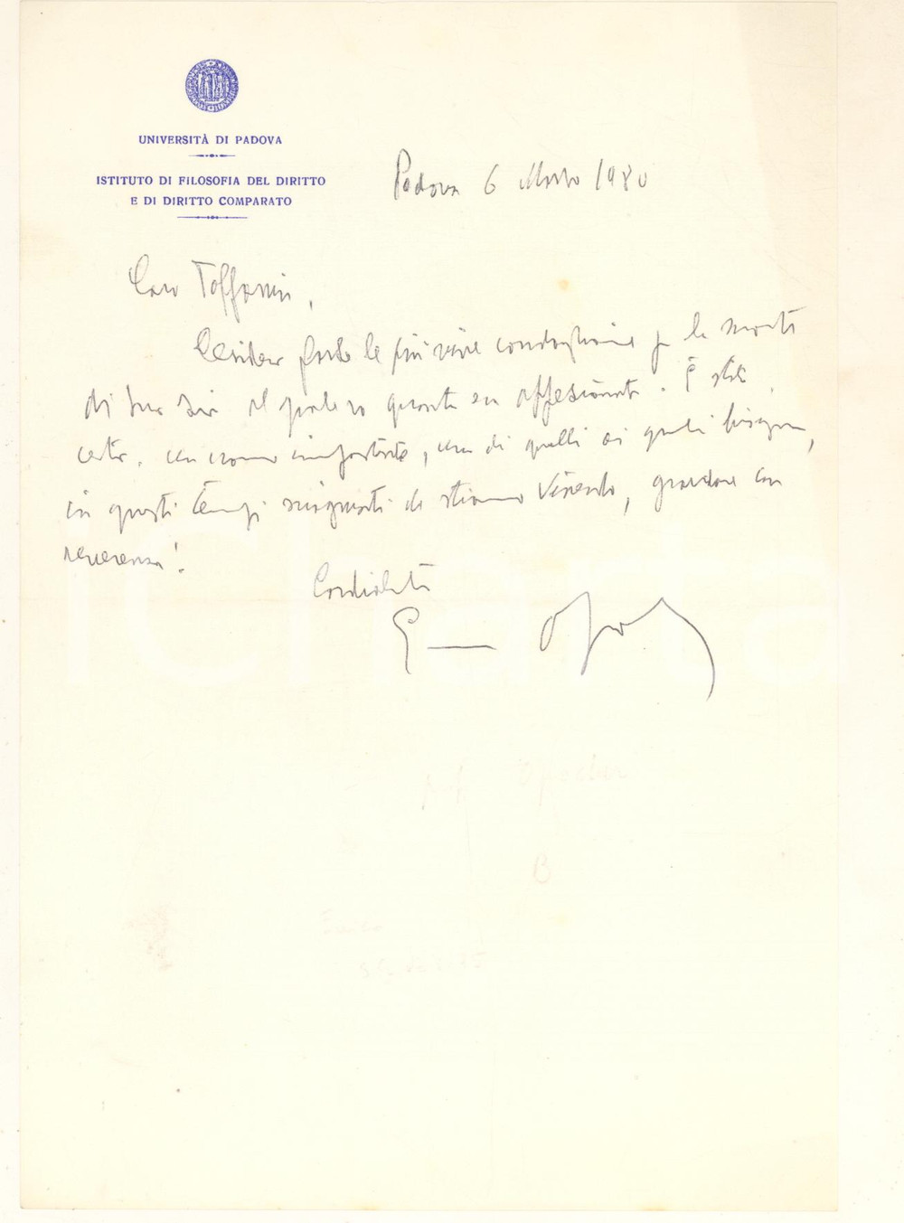 Autografo originale 1980 UNIVERSITA  DI PADOVA Lettera Enrico OPOCHER per condoglianze Autografo 1