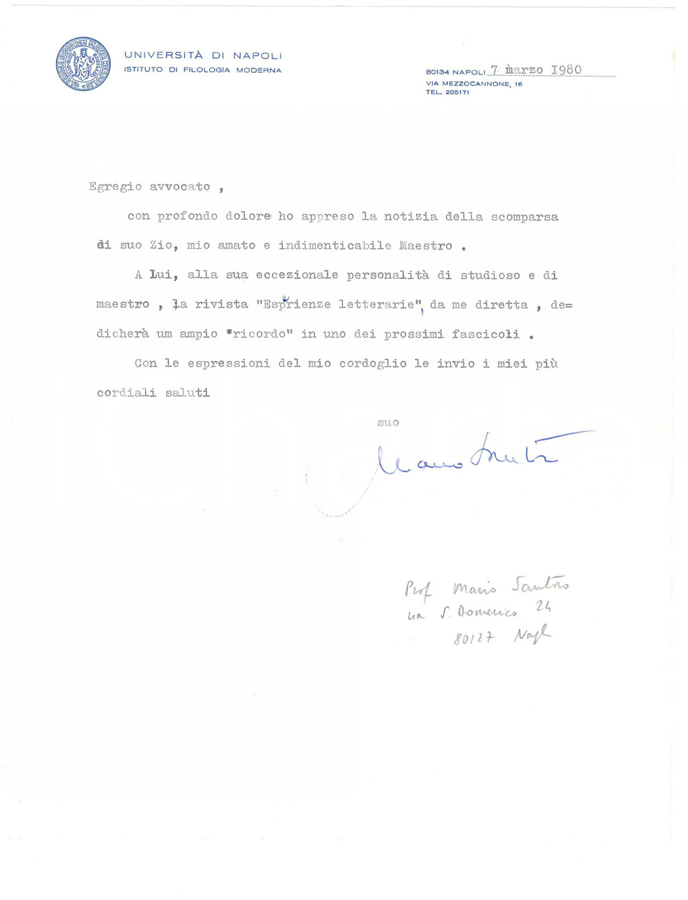1980 UNIVERSITA' DI NAPOLI Lettera prof. Mario SANTORO - Condoglianze *AUTOGRAFO