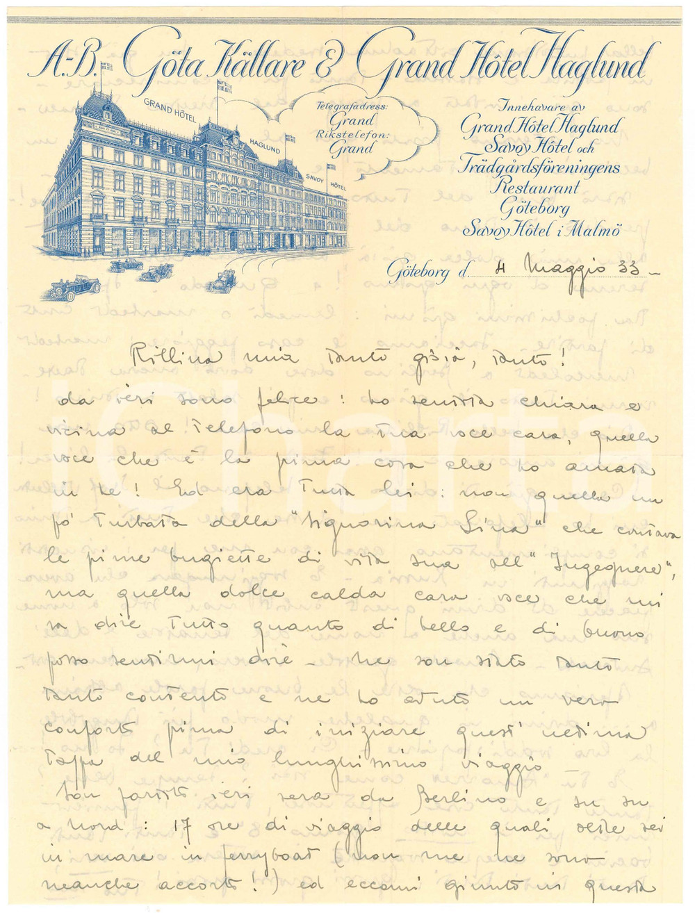 Manoscritto, lettera originale 1933 GOTEBORG SVEZIA Grand Hotel HAGLUND  Lettera d amore su carta intestata 1