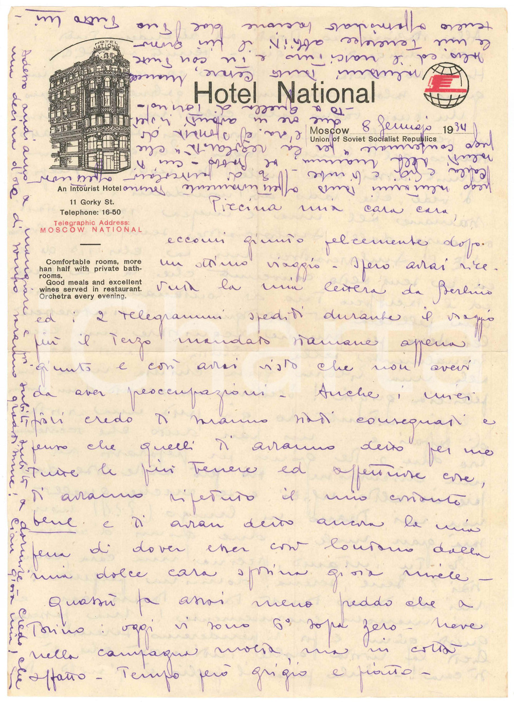 Manoscritto, lettera originale 1934 URSS MOSCOW Hotel National  Lettera d amore su carta intestata 3 1