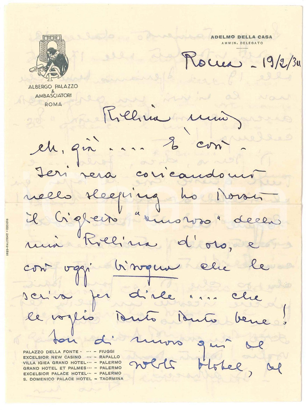 Manoscritto, lettera originale 1934 ROMA Albergo Palazzo & Ambasciatori Lettera d amore su carta intestata 1