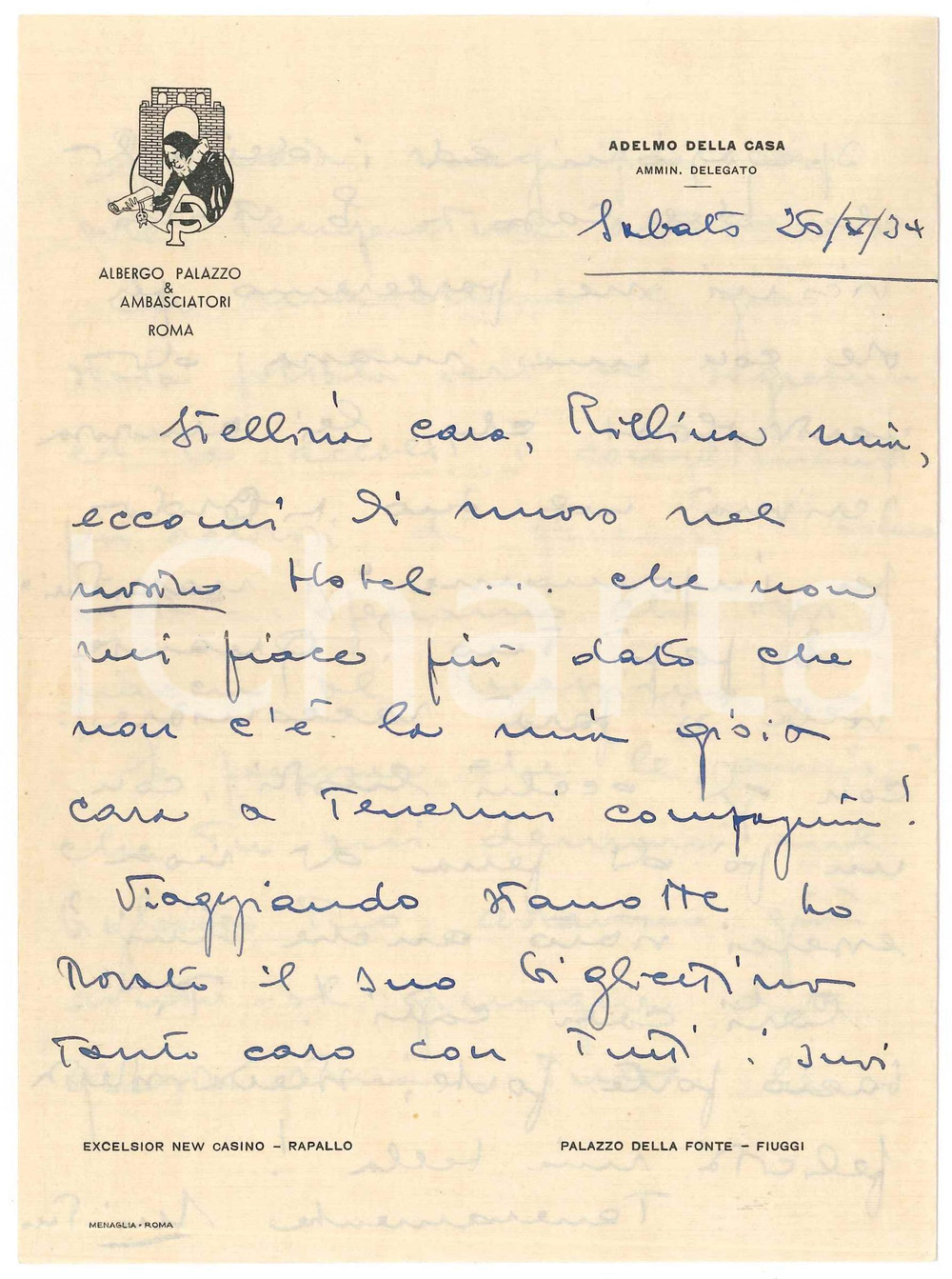 Manoscritto, lettera originale 1934 ROMA Albergo Palazzo & Ambasciatori   Lettera d amore su carta intestata 1